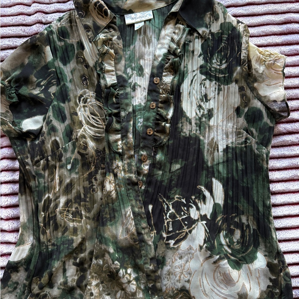 Dress Barn Green and Brown Ruffled Blouse